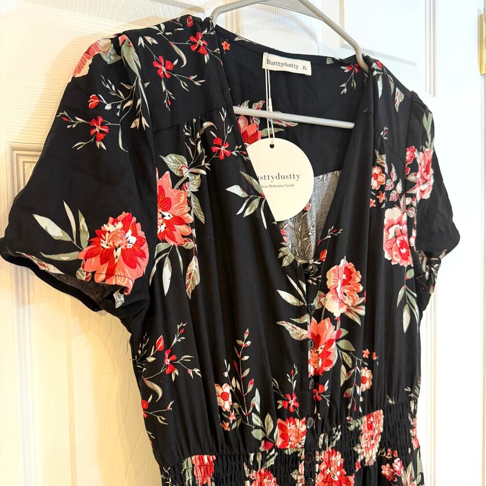 Rusttydustty Floral Boho Maxi Dress‎ Black Button Front XL Cottagecore Romantic - Picture 9 of 11